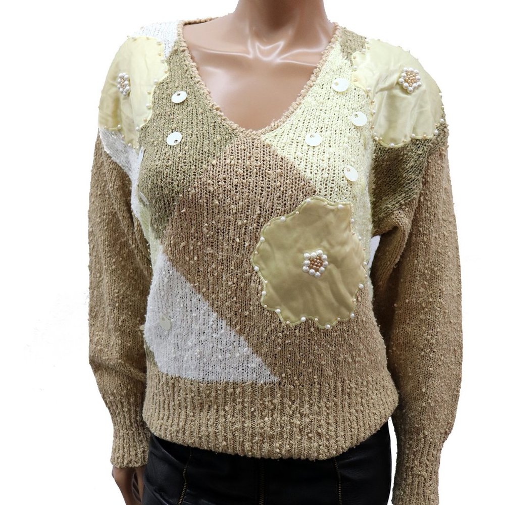 Vintage MR. LEONARD nubbly wool EMBELLISHED beaded SWEATER flower LARGE